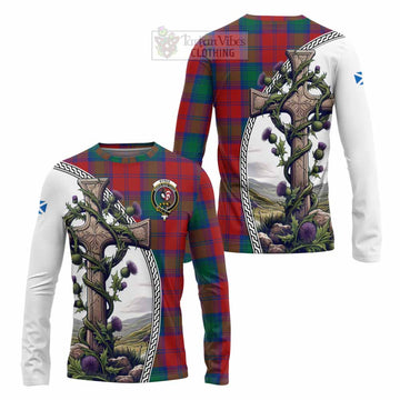 Byres (Byses) Tartan Long Sleeve T-Shirt with Family Crest and St. Andrew's Cross Accented by Thistle Vines Unisex - Tartan Vibes Clothing