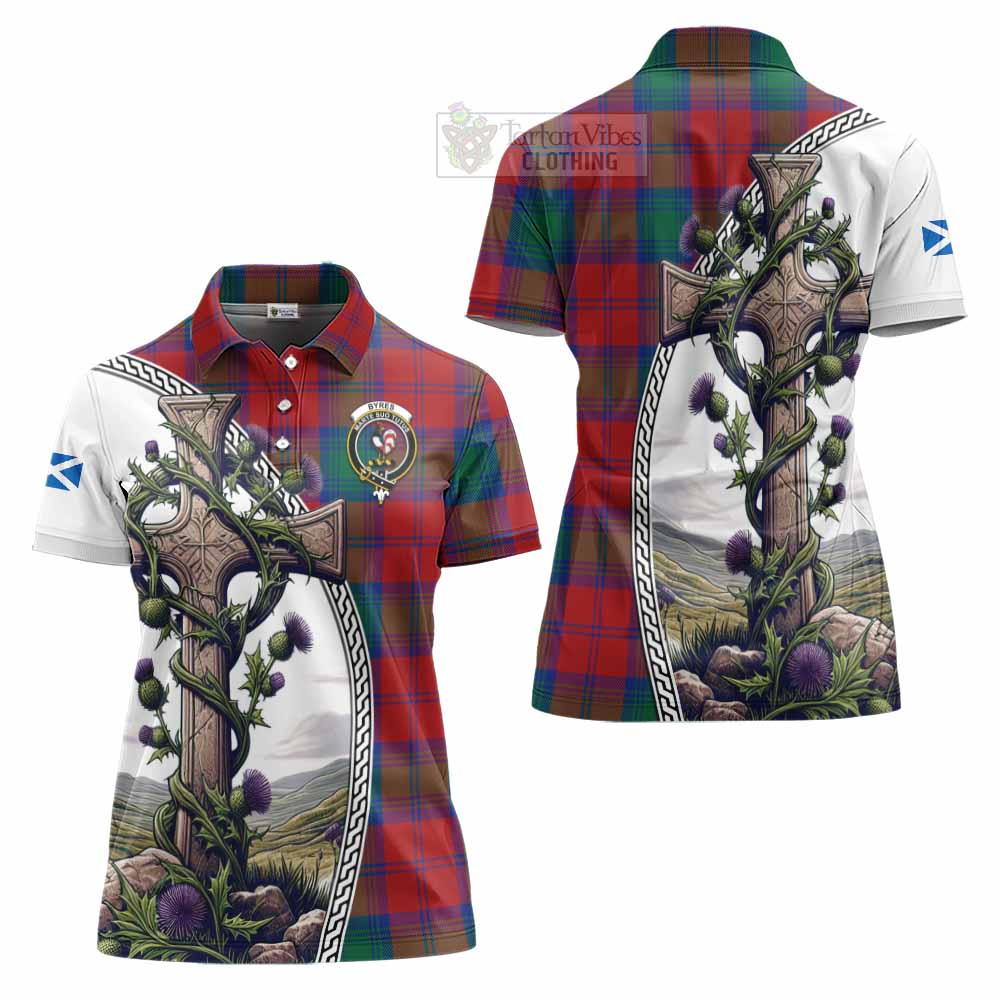 Tartan Vibes Clothing Byres (Byses) Tartan Women's Polo Shirt with Family Crest and St. Andrew's Cross Accented by Thistle Vines