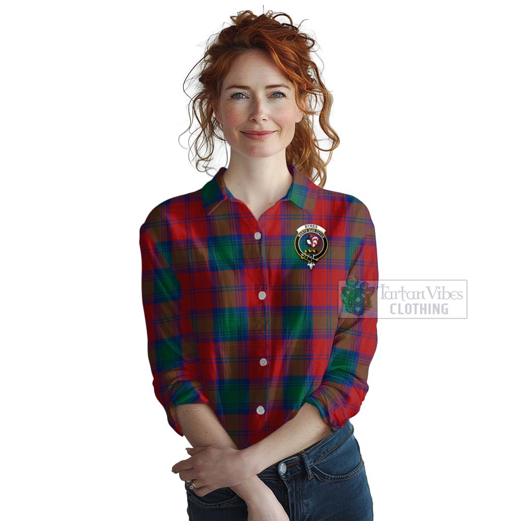 Tartan Vibes Clothing Byres (Byses) Tartan Women's Casual Shirt with Family Crest and Bearded Skull Holding Bottles of Whiskey