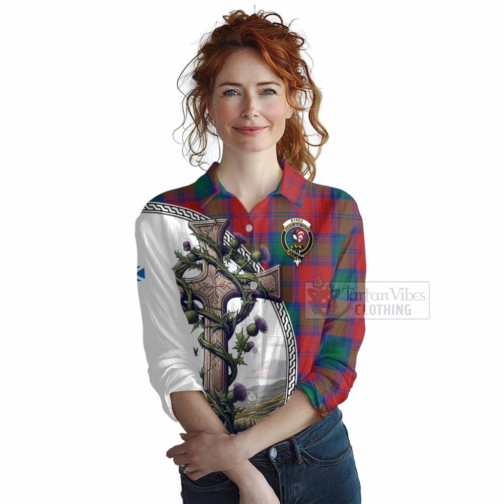 Tartan Vibes Clothing Byres (Byses) Tartan Women's Casual Shirt with Family Crest and St. Andrew's Cross Accented by Thistle Vines