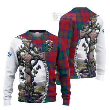 Byres (Byses) Tartan Knitted Sweater with Family Crest and St. Andrew's Cross Accented by Thistle Vines Unisex - Tartan Vibes Clothing