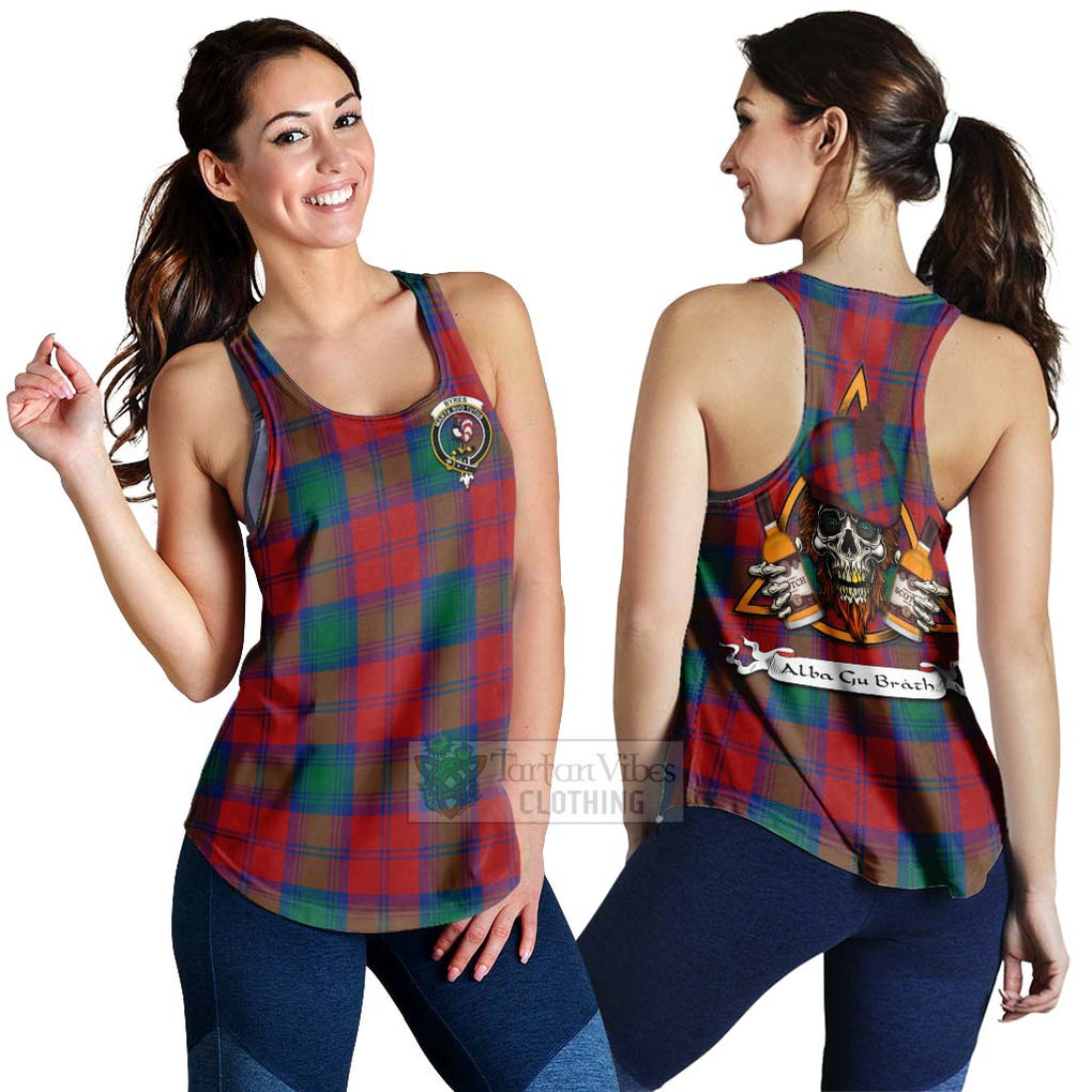 Tartan Vibes Clothing Byres (Byses) Tartan Women's Racerback Tanks with Family Crest and Bearded Skull Holding Bottles of Whiskey