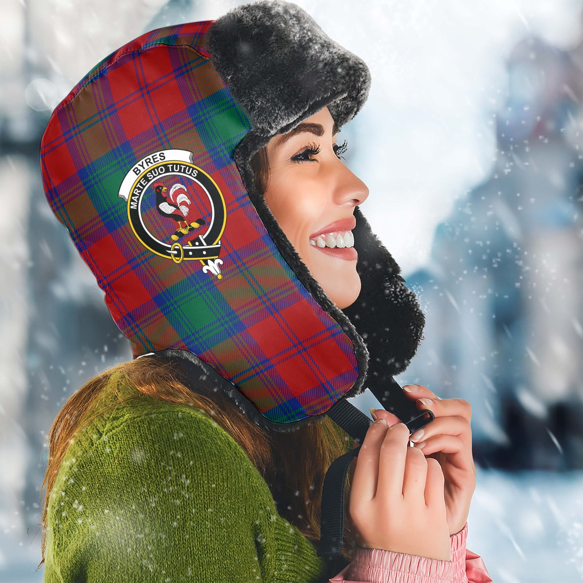 Byres (Byses) Tartan Winter Trapper Hat with Family Crest Winter Trapper Hat Universal Fit Circumference 22.8in (58cm) - Tartanvibesclothing