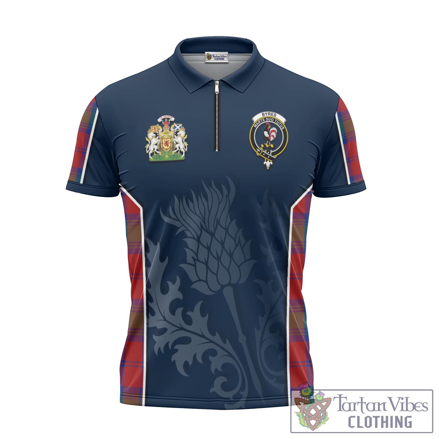 Tartan Vibes Clothing Byres (Byses) Tartan Zipper Polo Shirt with Family Crest and Scottish Thistle Vibes Sport Style