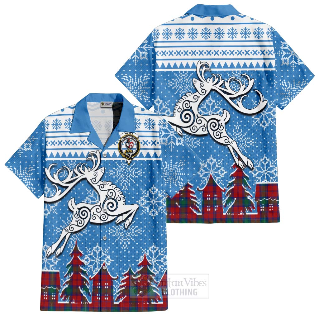 Tartan Vibes Clothing Byres (Byses) Clan Christmas Short Sleeve Button Shirt Celtic Reindeer Style