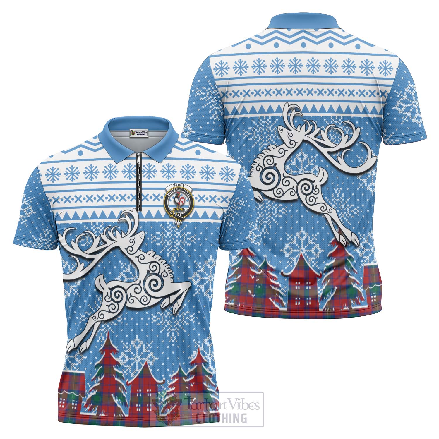 Tartan Vibes Clothing Byres (Byses) Clan Christmas Zipper Polo Shirt Celtic Reindeer Style