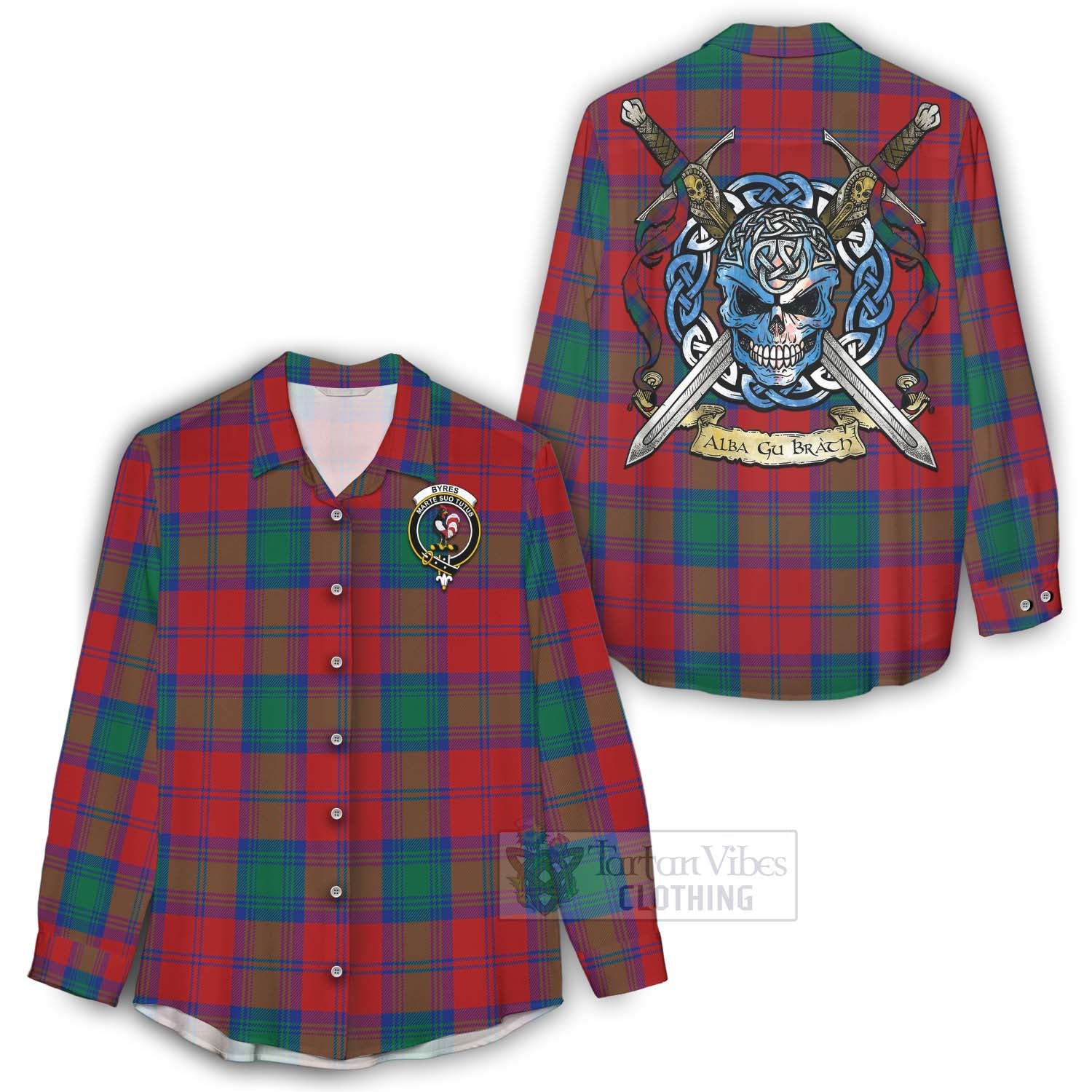 Tartan Vibes Clothing Byres (Byses) Tartan Women's Casual Shirt with Family Crest Celtic Skull Style