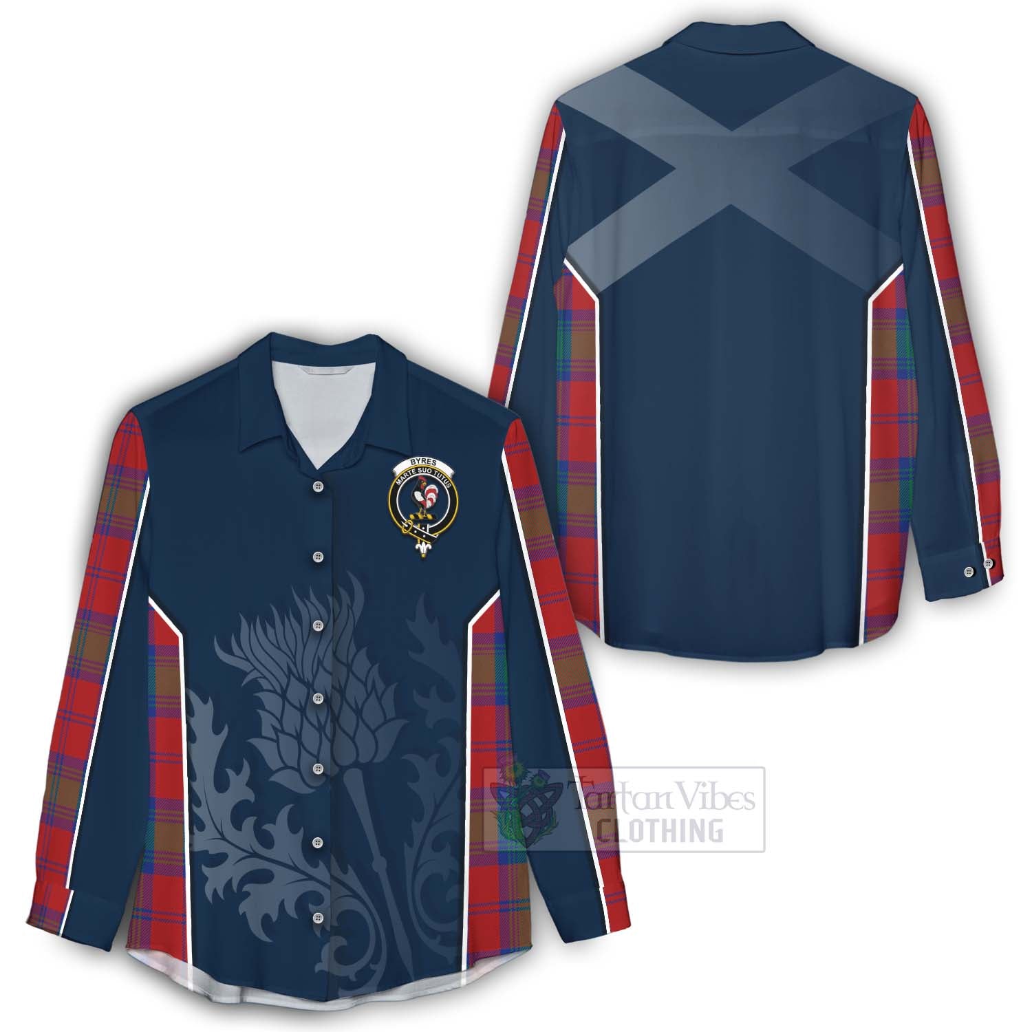 Tartan Vibes Clothing Byres (Byses) Tartan Women's Casual Shirt with Family Crest and Scottish Thistle Vibes Sport Style