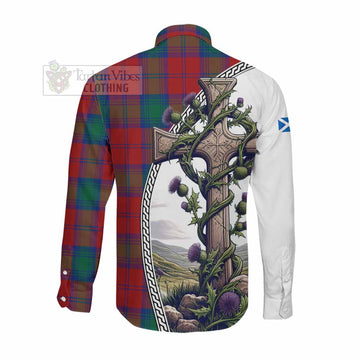 Byres (Byses) Tartan Long Sleeve Button Shirt with Family Crest and St. Andrew's Cross Accented by Thistle Vines Men's Shirt - Tartan Vibes Clothing