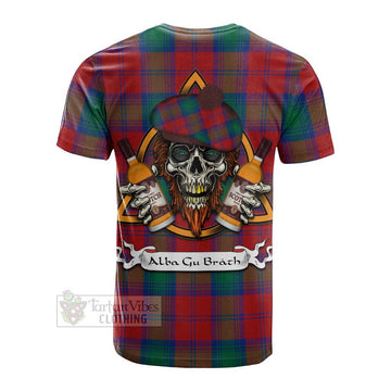 Byres (Byses) Tartan Cotton T-shirt with Family Crest and Bearded Skull Holding Bottles of Whiskey - Tartan Vibes Clothing
