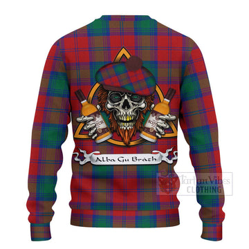 Byres (Byses) Tartan Ugly Sweater with Family Crest and Bearded Skull Holding Bottles of Whiskey