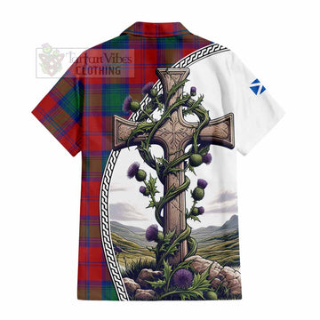 Byres (Byses) Tartan Hawaiian Shirt with Family Crest and St. Andrew's Cross Accented by Thistle Vines - Tartan Vibes Clothing