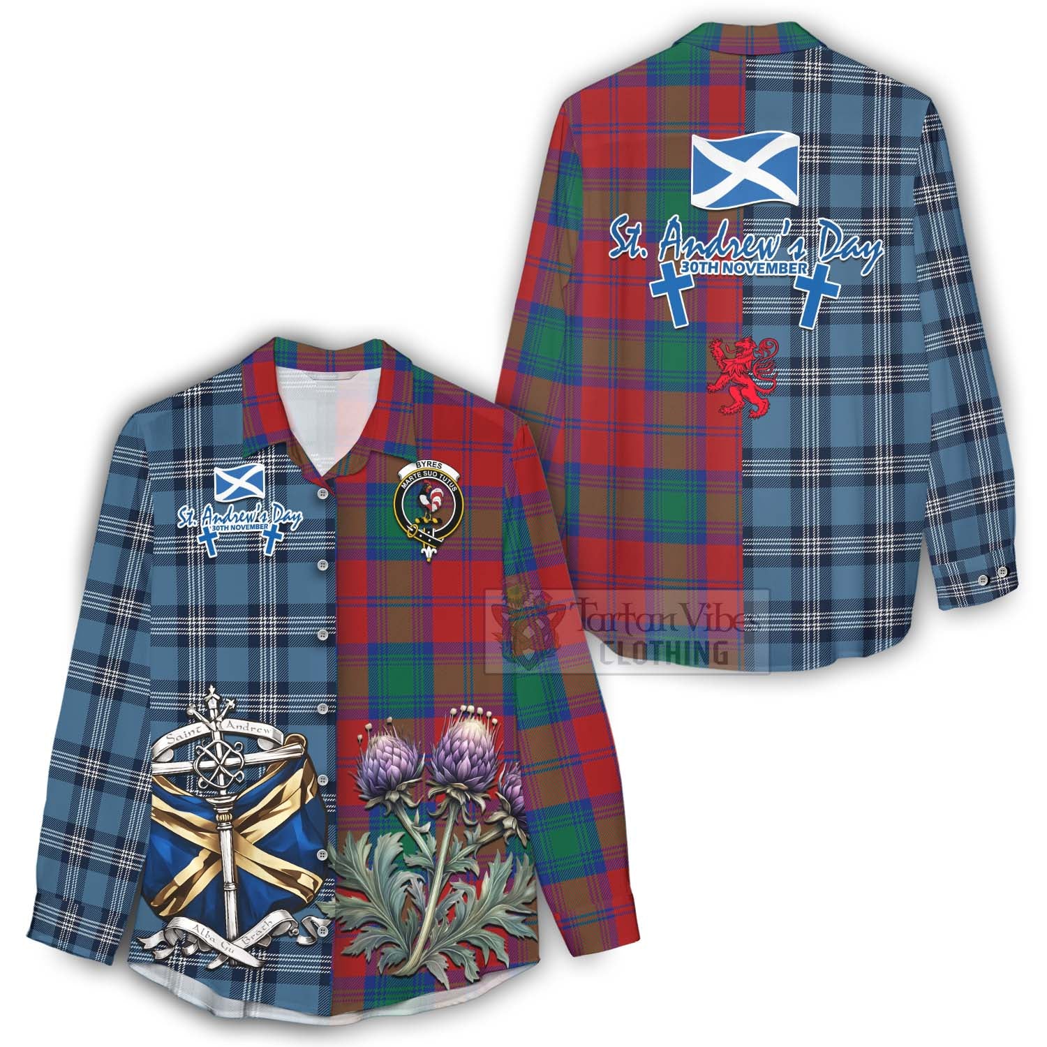 Tartan Vibes Clothing Byres (Byses) Tartan Women's Casual Shirt Happy St. Andrew's Day Half Tartan Style