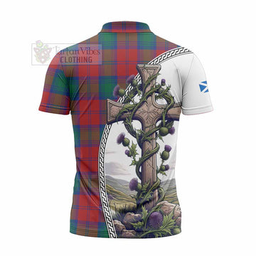 Byres (Byses) Tartan Zipper Polo Shirt with Family Crest and St. Andrew's Cross Accented by Thistle Vines