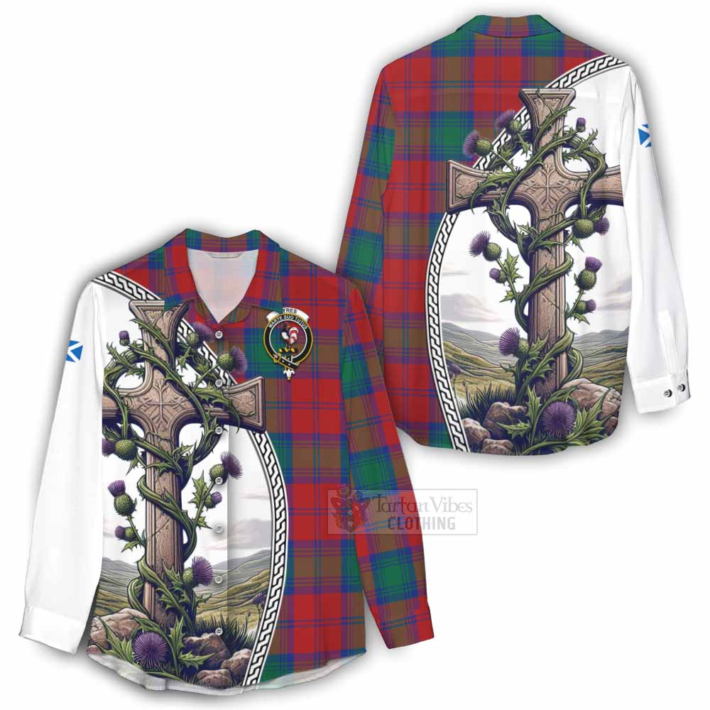 Tartan Vibes Clothing Byres (Byses) Tartan Women's Casual Shirt with Family Crest and St. Andrew's Cross Accented by Thistle Vines