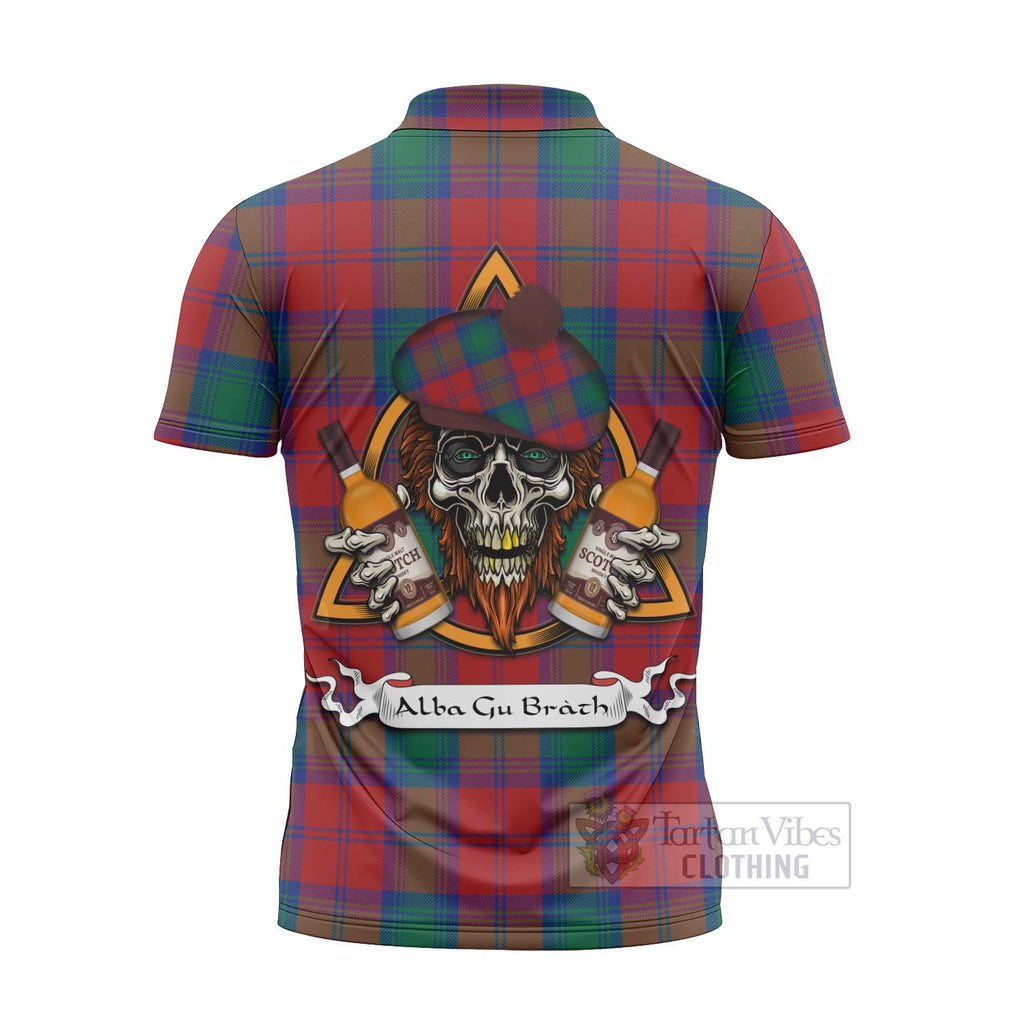 Tartan Vibes Clothing Byres (Byses) Tartan Zipper Polo Shirt with Family Crest and Bearded Skull Holding Bottles of Whiskey