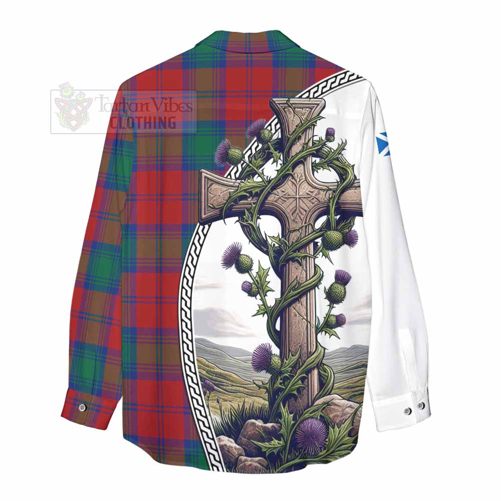 Tartan Vibes Clothing Byres (Byses) Tartan Women's Casual Shirt with Family Crest and St. Andrew's Cross Accented by Thistle Vines