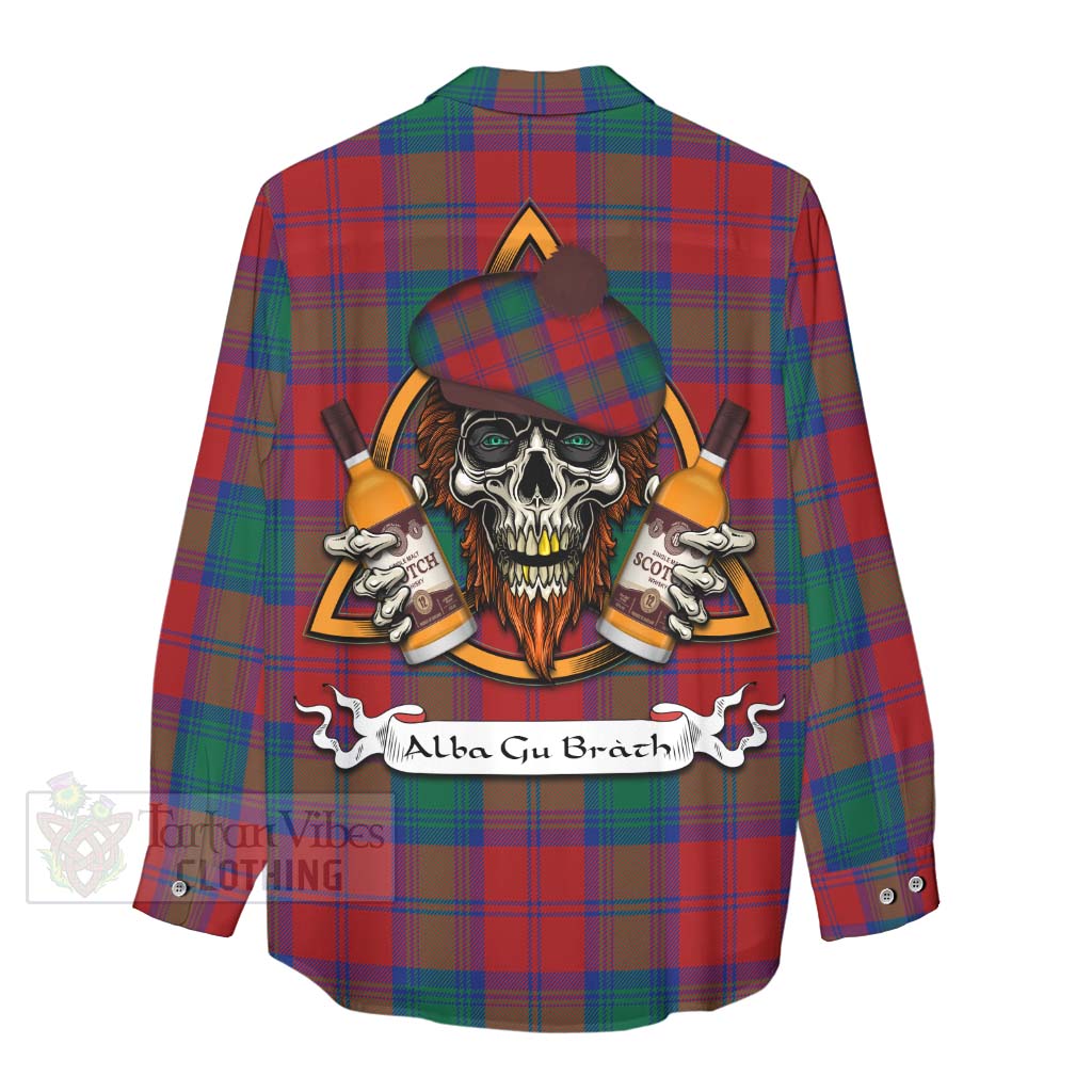 Tartan Vibes Clothing Byres (Byses) Tartan Women's Casual Shirt with Family Crest and Bearded Skull Holding Bottles of Whiskey