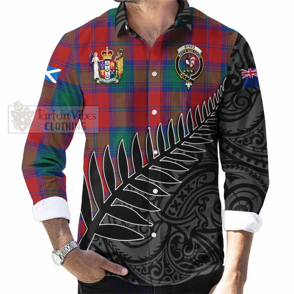 Tartan Vibes Clothing Byres (Byses) Crest Tartan Long Sleeve Button Shirt with New Zealand Silver Fern Half Style