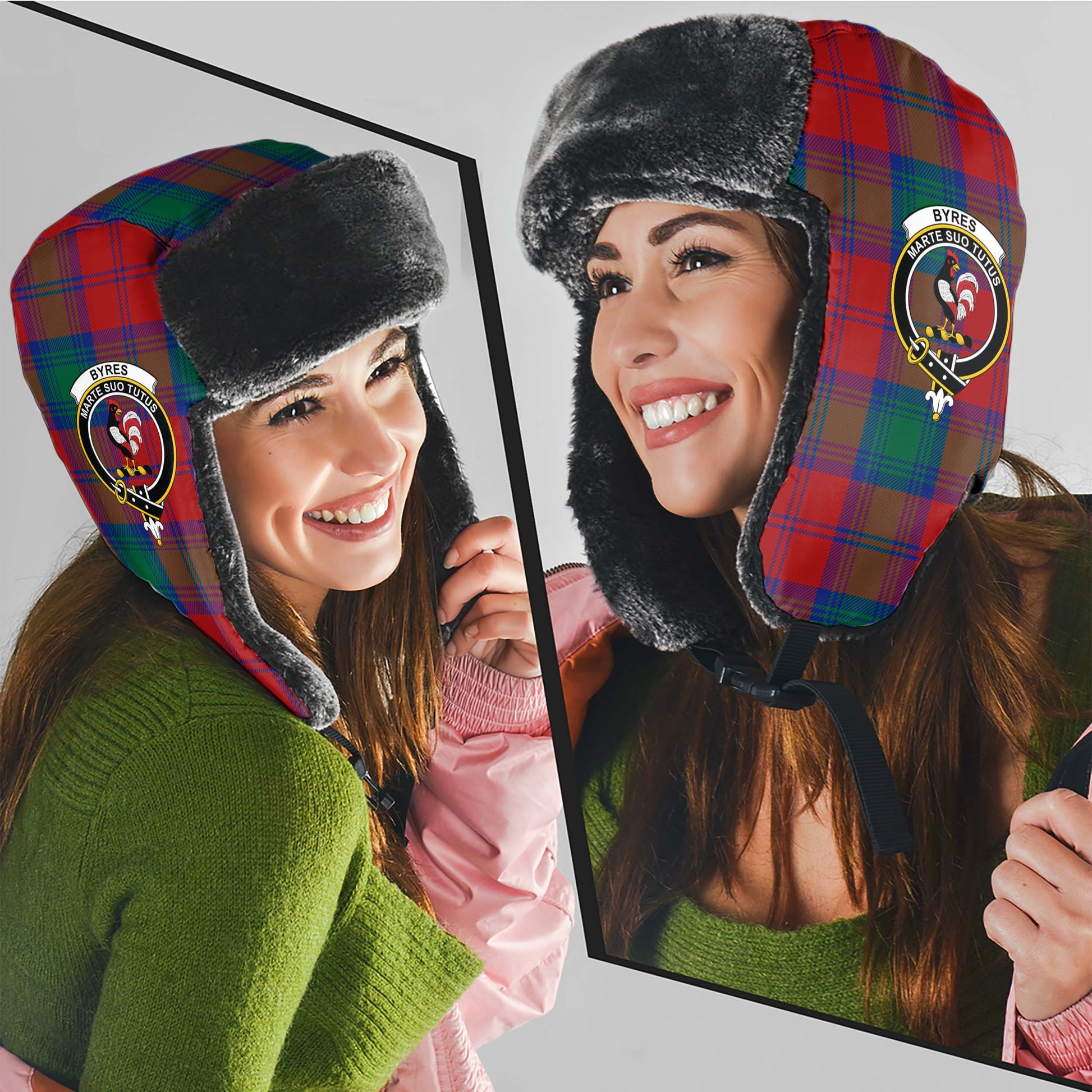 Byres (Byses) Tartan Winter Trapper Hat with Family Crest - Tartanvibesclothing