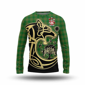 Byrne Irish Tartan Long Sleeve T-Shirt with Coat of Arms Celtic Wolf Style