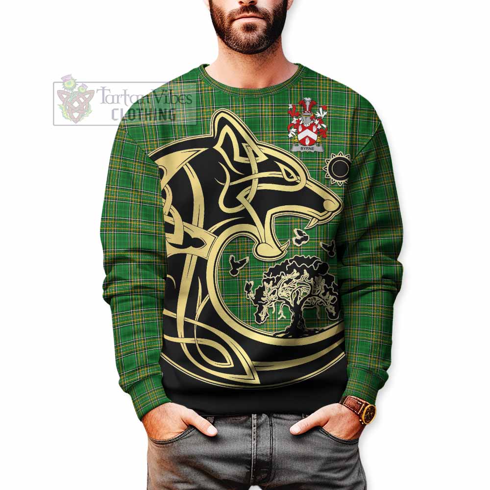 Tartan Vibes Clothing Byrne Irish Tartan Sweatshirt with Coat of Arms Celtic Wolf Style