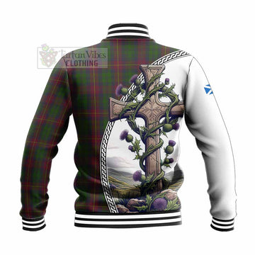 Cairns Tartan Baseball Jacket with Family Crest and St. Andrew's Cross Accented by Thistle Vines - Tartan Vibes Clothing