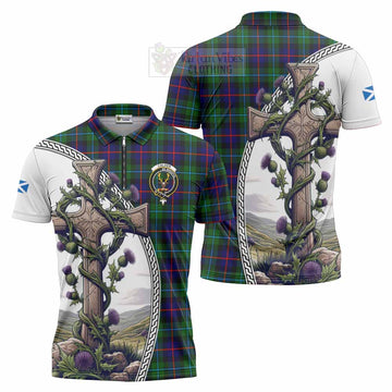 Calder Tartan Zipper Polo Shirt with Family Crest and St. Andrew's Cross Accented by Thistle Vines