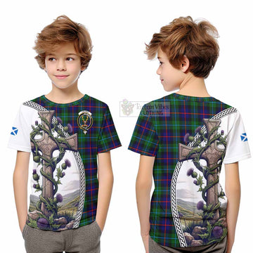 Calder Tartan Kid T-Shirt with Family Crest and St. Andrew's Cross Accented by Thistle Vines