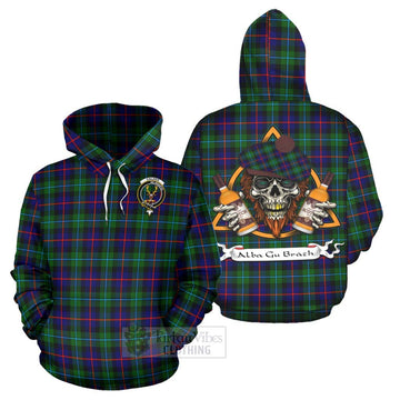 Calder Tartan Hoodie with Family Crest and Bearded Skull Holding Bottles of Whiskey