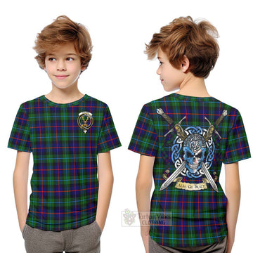 Calder Tartan Kid T-Shirt with Family Crest Celtic Skull Style