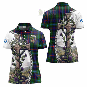 Calder Tartan Women's Polo Shirt with Family Crest and St. Andrew's Cross Accented by Thistle Vines Women - Tartan Vibes Clothing