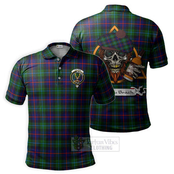 Calder Tartan Polo Shirt with Family Crest and Bearded Skull Holding Bottles of Whiskey