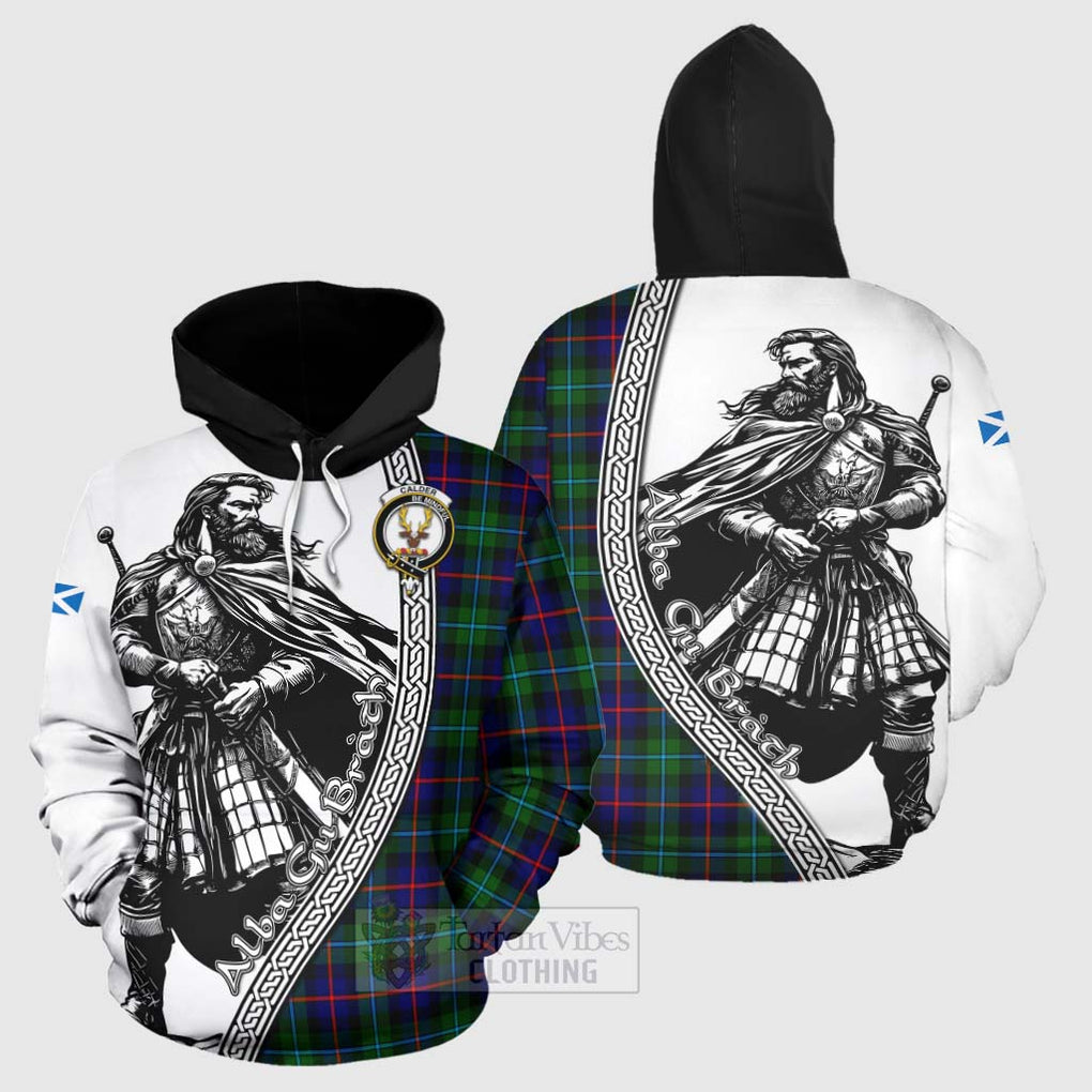 Tartan Vibes Clothing Calder Tartan Clan Crest Hoodie with Highlander Warrior Celtic Style