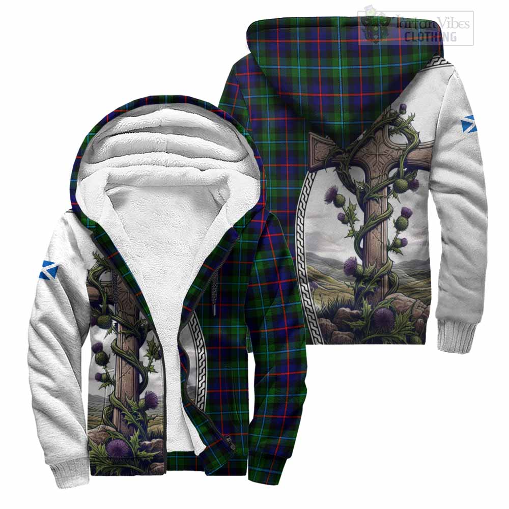 Tartan Vibes Clothing Calder Tartan Sherpa Hoodie with Family Crest and St. Andrew's Cross Accented by Thistle Vines