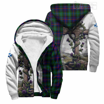 Calder Tartan Sherpa Hoodie with Family Crest and St. Andrew's Cross Accented by Thistle Vines