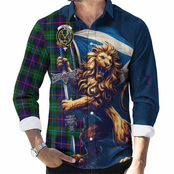 Calder Tartan Family Crest Long Sleeve Button Shirt with Scottish Majestic Lion