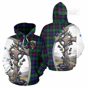 Calder Tartan Hoodie with Family Crest and St. Andrew's Cross Accented by Thistle Vines