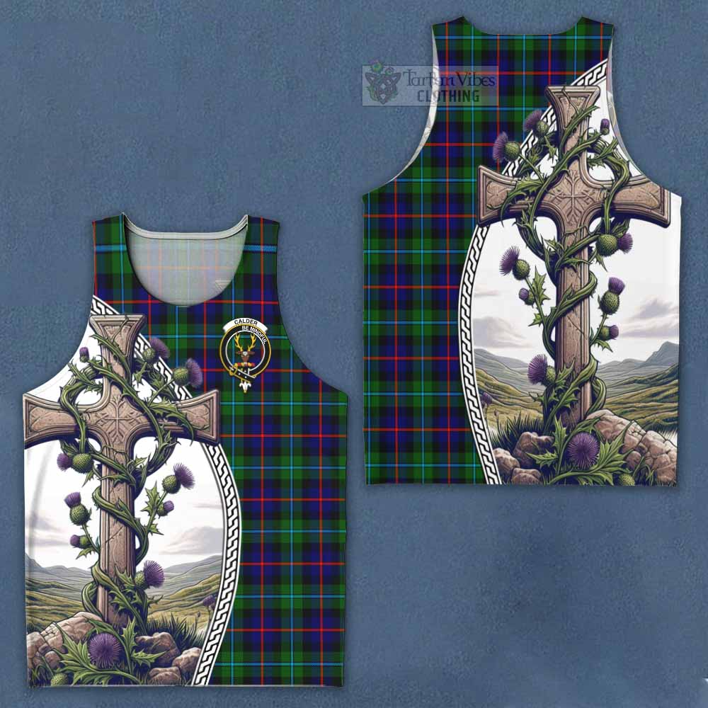 Tartan Vibes Clothing Calder Tartan Men's Tank Top with Family Crest and St. Andrew's Cross Accented by Thistle Vines