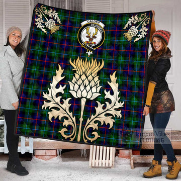 Calder Tartan Quilt with Family Crest and Golden Thistle Style