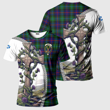 Calder Tartan T-Shirt with Family Crest and St. Andrew's Cross Accented by Thistle Vines