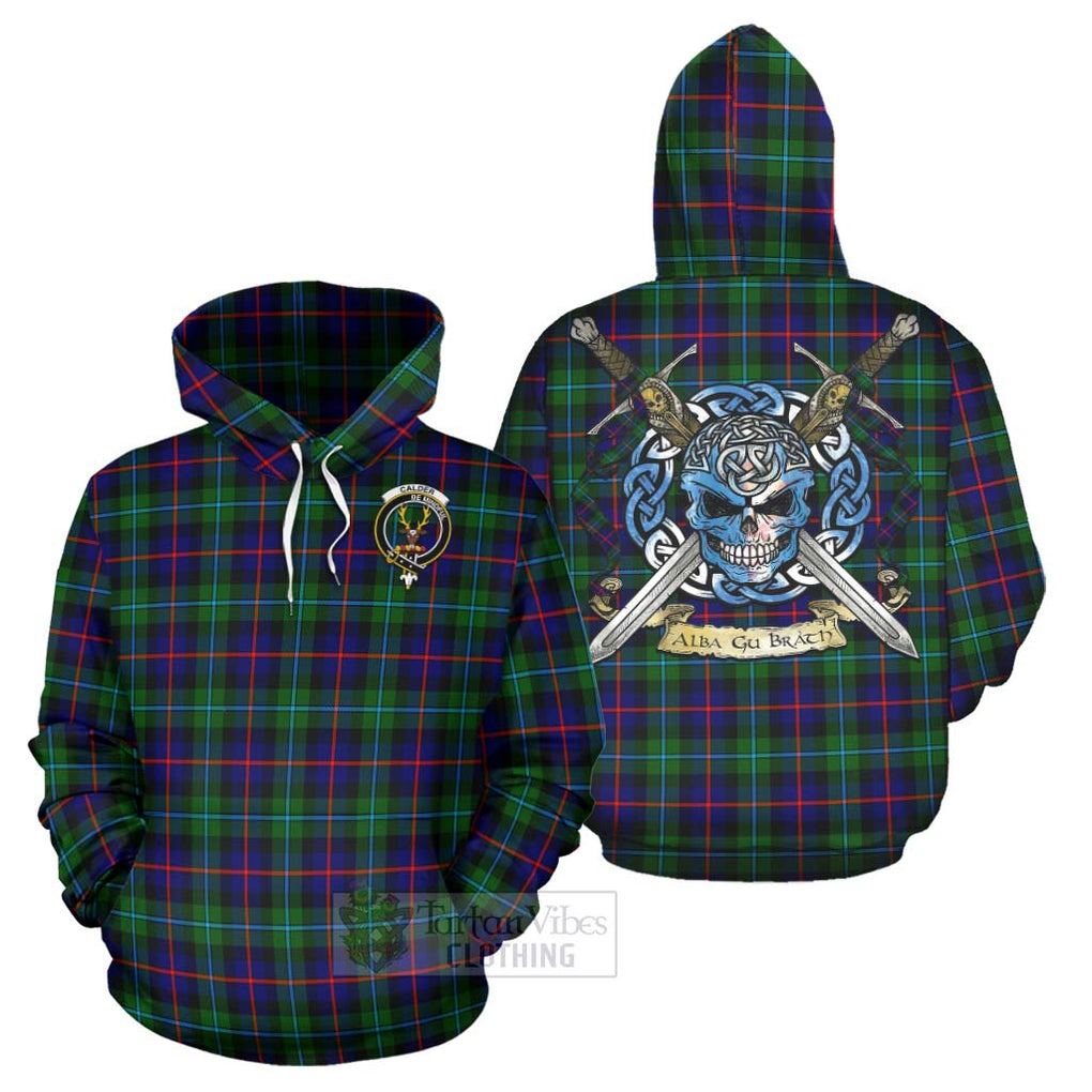 Tartan Vibes Clothing Calder Tartan Hoodie with Family Crest Celtic Skull Style