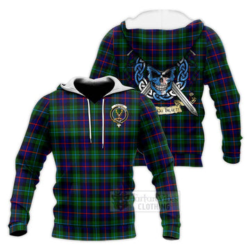 Calder Tartan Knitted Hoodie with Family Crest Celtic Skull Style