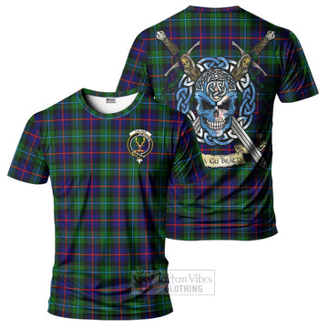 Calder Tartan T-Shirt with Family Crest Celtic Skull Style