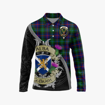 Calder Tartan Family Crest Long Sleeve Polo Shirt Lion Rampant Royal Thistle Shield Celtic Inspired Unisex - Tartan Vibes Clothing