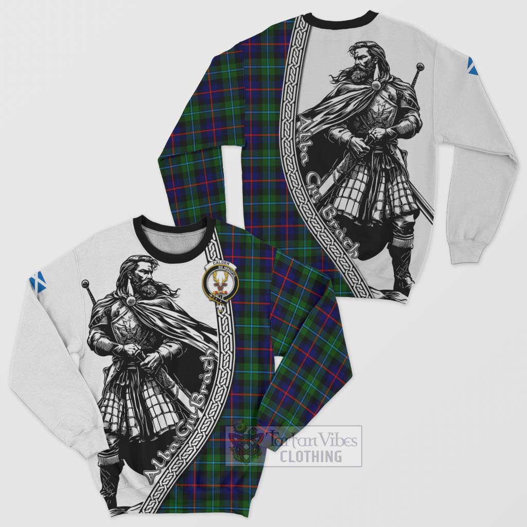 Tartan Vibes Clothing Calder Tartan Clan Crest Sweatshirt with Highlander Warrior Celtic Style