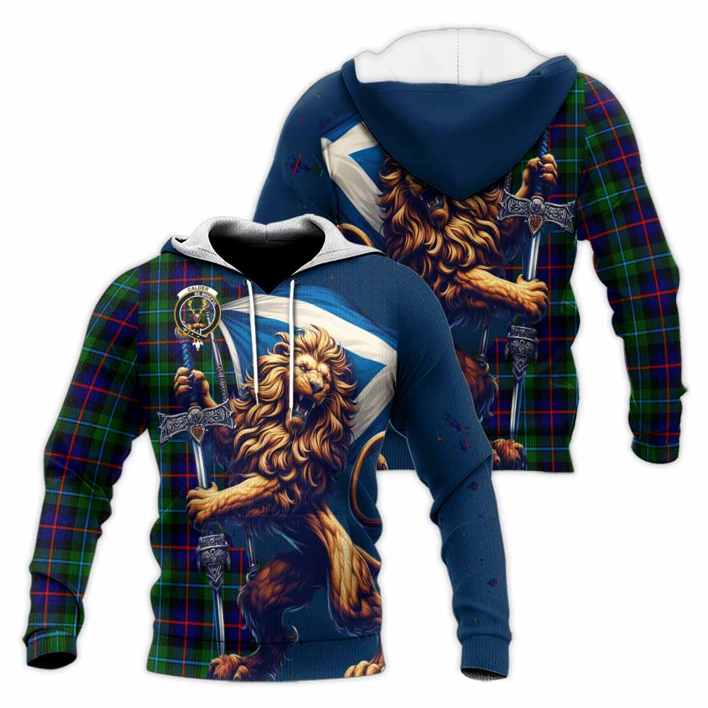 Tartan Vibes Clothing Calder Tartan Family Crest Knitted Hoodie with Scottish Majestic Lion