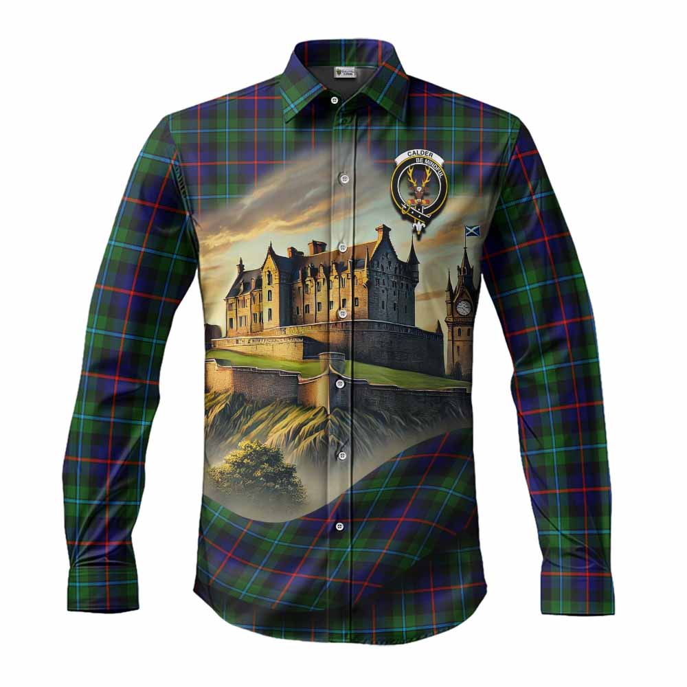 Calder Tartan Family Crest Long Sleeve Button Shirt with Scottish Ancient Castle Style Men's Shirt S - Tartan Vibes Clothing