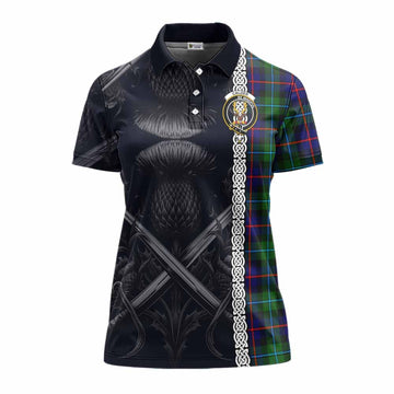 Calder Tartan Women's Polo Shirt with Family Crest Cross Sword Thistle Celtic Vibes Women - Tartan Vibes Clothing