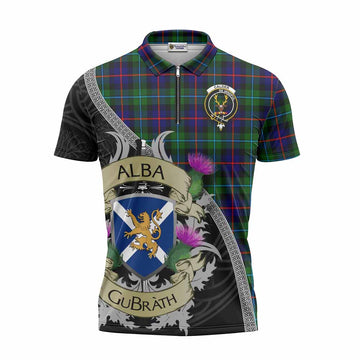 Calder Tartan Family Crest Zipper Polo Shirt Lion Rampant Royal Thistle Shield Celtic Inspired Unisex - Tartan Vibes Clothing